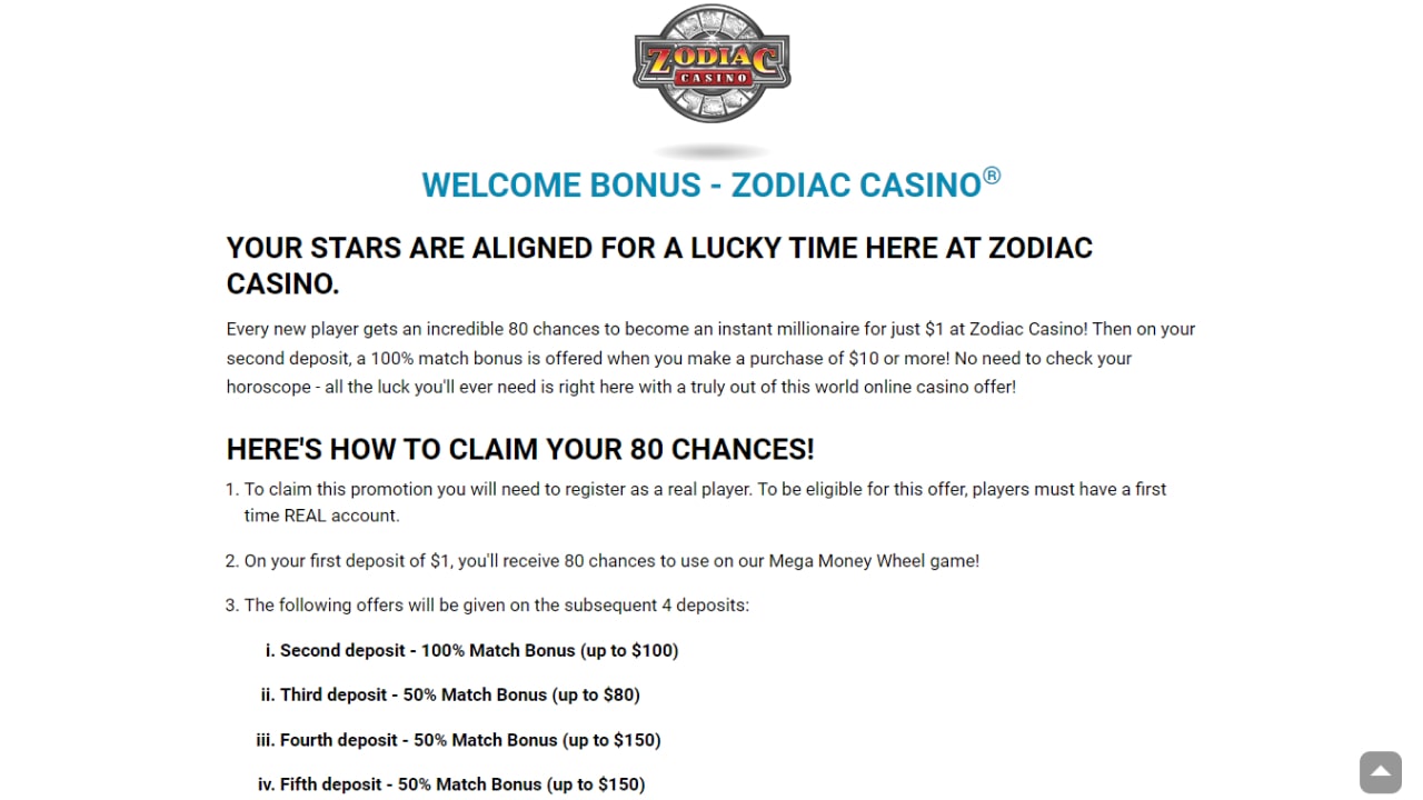 Zodiac Online casino bonuses